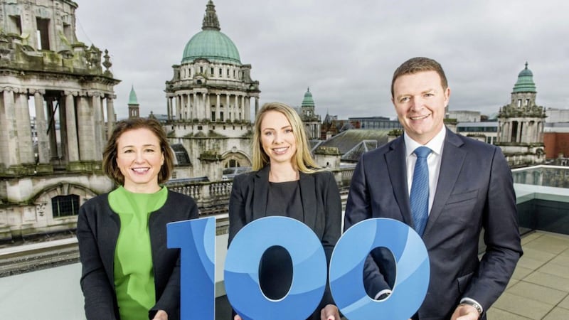 Carson McDowell has reached the landmark of having 100 fee-earning solicitors in the firm for the first time. Pictured marking the milestone are (from left) Neasa Quigley, senior partner; Lyndsay Black, the firm&rsquo;s 100th lawyer, and Roger McMillan, managing partner. Photo: Elaine Hill 