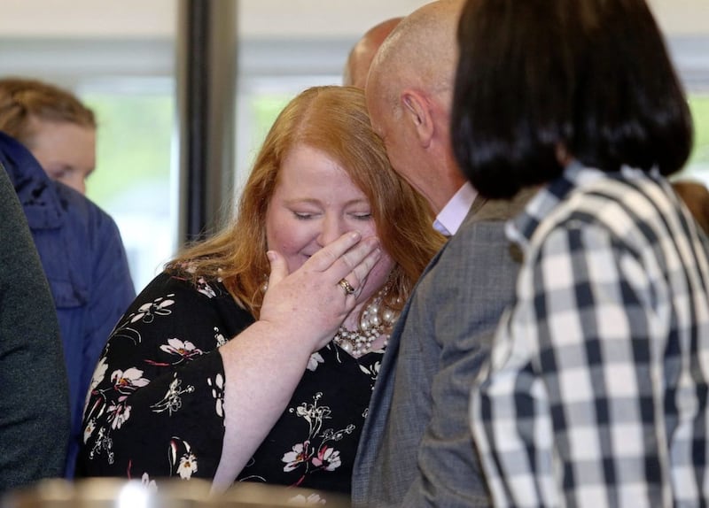 an emotional Naomi Long arrives at the European Election count centre in Magherafelt Picture Mal McCann. 