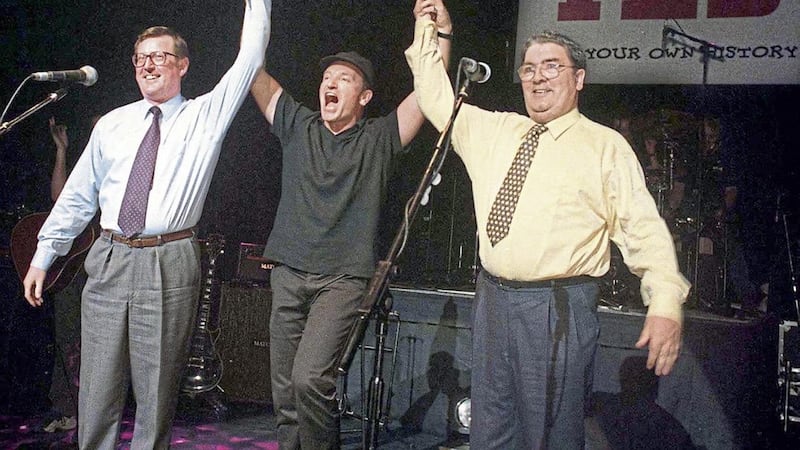 Bono with David Trimble and John Hume at a U2-Ash concert at Belfast&#39;s Waterfront Hall days before the 1998 referendum. Picture by Pail Faith 