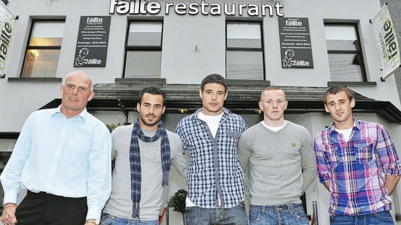 FAILTE TOWERS: Pictured at the launch of &#39;Failte restaurant&#39; last night (left to right) are Antrim manager Liam Bradley, Celtic&#39;s Marc Crosas and Darren O&#39;Dea, Antrim captain Paddy Cuningham and Celtic and Northern Ireland star Niall McGinn. The restaurant on the Falls Road in Belfast is owned by McGinn and soccer agent Gerry Carlile. 