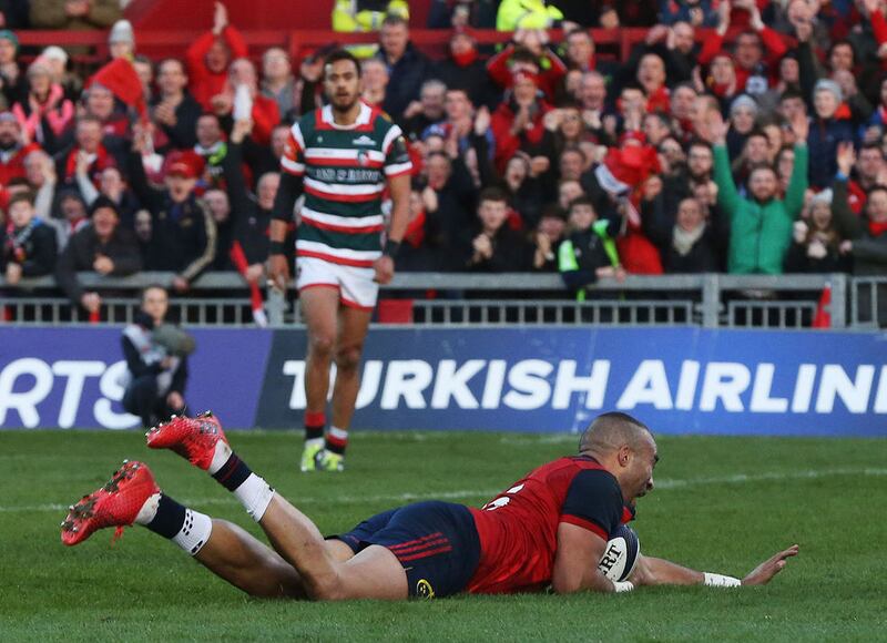 Munster's Simon Zebo scores his first try during the European Champions Cup, Pool One match at Thomond Park&nbsp;