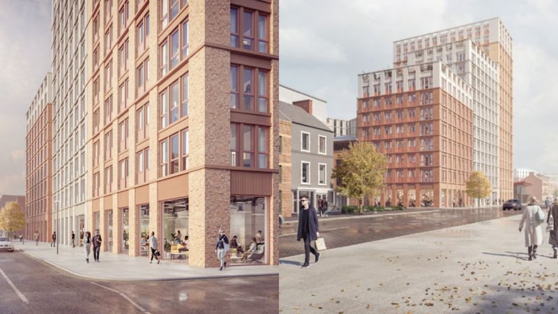 Artistic impressions of South Bank Square's 'The Grattan' development, which proposes 610 student units on the site of Fanum House on Belfast's Great Victoria Street.