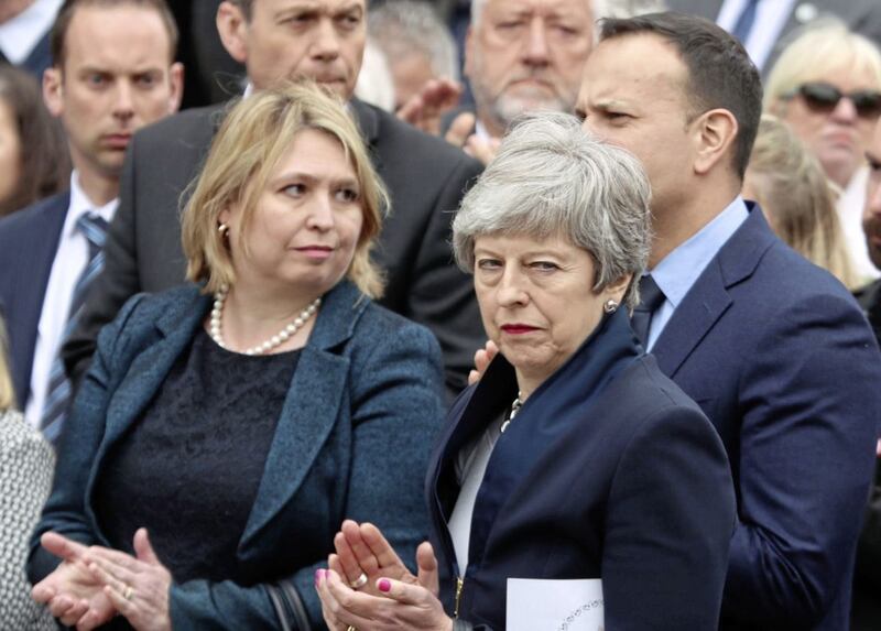 Karen Bradley, Theresa May and Leo Varadkar at Lyra McKee's funeral service. Picture by Liam McBurney, Press Association