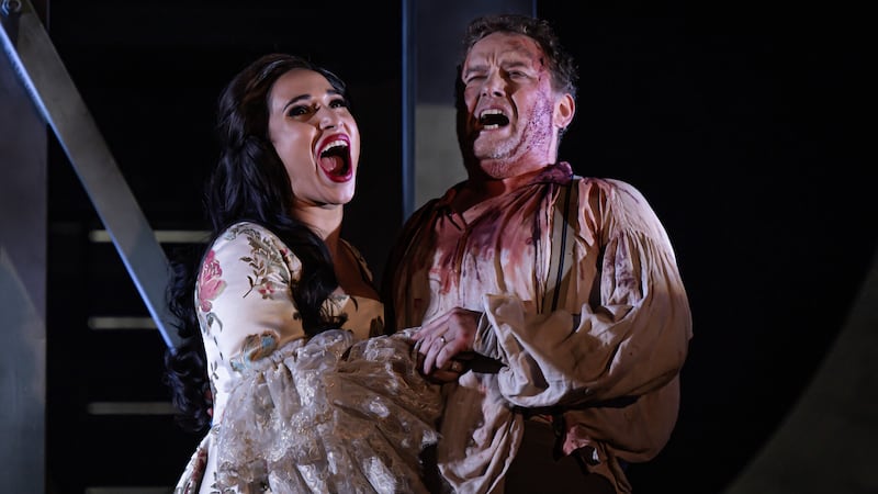 Tosca (Svetlana Kasyan) and Cavaradossi (Peter Auty) in NI Opera's production of Tosca at the Grand Opera House. Picture by Neil Harrison