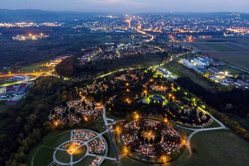 This aerial photo, taken with a drone, shows burning candles illuminating the All Saints&#39; Day commemorations at the cemetery of Zalaegerszeg in Hungary. Picture by Gyorgy Varga/MTI via AP 