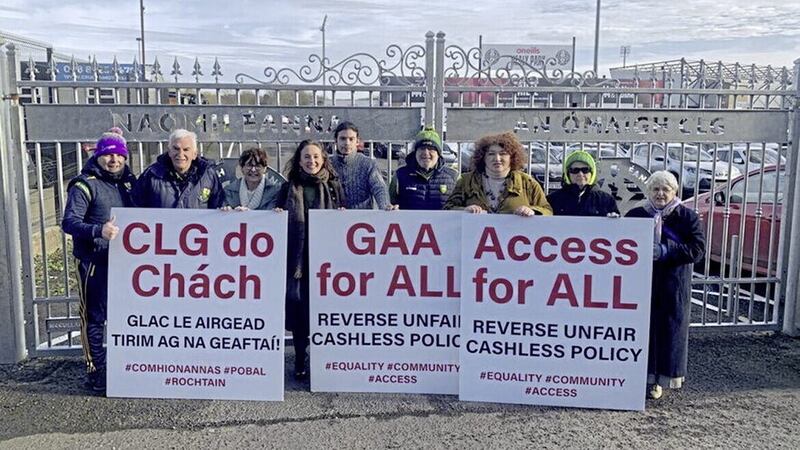 Campaigners opposed to the GAA&#39;s ticketing policy outside Healy Park in Omagh 