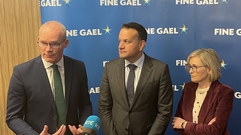 Enterprise Minister Simon Coveney, Taoiseach and Fine Gael leader Leo Varadkar, and EU Commissioner Mairead McGuinness (Grainne NiAodha/PA)