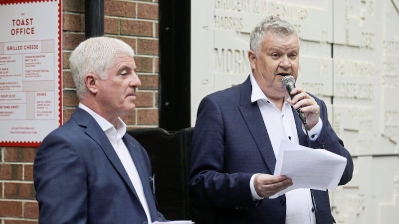 Irish News business editor Gary McDonald addresses guests at the inaugural IN-Person social series, watched by Peter McGahan, chief executive of Worldwide Financial Planning, who sponsored the initiative. Picture: Hugh Russell 