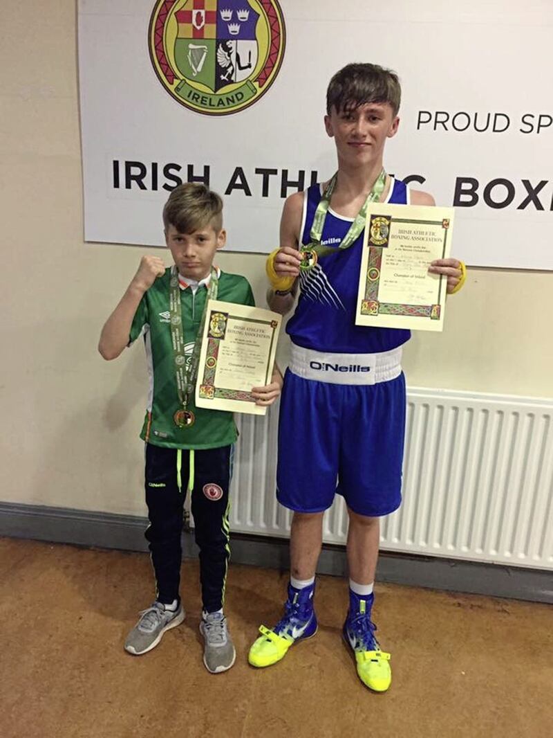 Cealan Doherty and Danny McHugh, from Two Castles, won national cadet titles last Friday night. McHugh goes on to represent Ireland at 62kg in the upcoming European Schoolboy Championships, but unfortunately for Doherty his 31kg class is below the European qualifying weights. &ldquo;We say we are happy when the boxers perform, regardless of the result, but both lads boxed really well and won,&rdquo; said John Gallagher, from the Newtownstewart-based club. &ldquo;This is the sixth Irish national title this season for the club, and with six different boxers. A few more hit the bar, but they are still with us - they won&#39;t give up. Their time will come as well.&rdquo; There was one other Ulster winner at the national cadet championship finals, with Maydown Olympic&rsquo;s Cahir Gormley taking the 44.5kg title scoring a unanimous victory over Midleton&rsquo;s Ewan Donnelly 