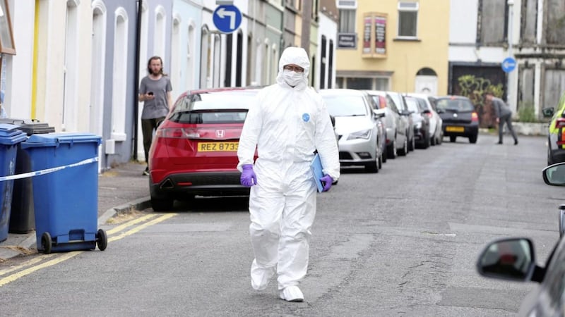 Forensics officers at the scene of a murder on Beatrice Avenue in Bangor, Co Down, on Wednesday. Picture by Mal McCann 