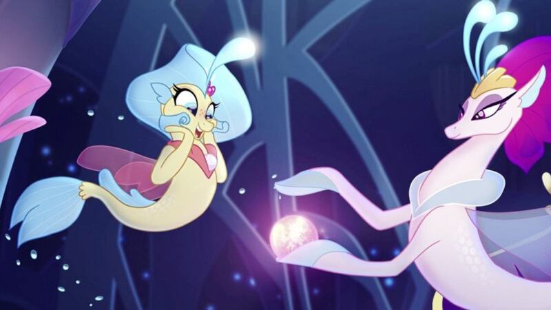 Princess Skystar (voiced by Kristin Chenoweth) and Queen Novo (Uzo Aduba) in My Little Pony: The Movie 