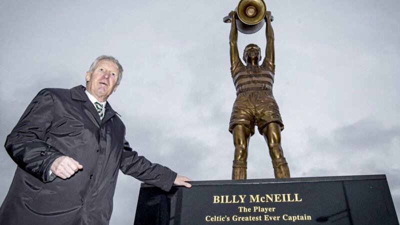 Celtic&#39;s European Cup winning captain Billy McNeill unveils his statue outside Celtic Park in 2015 