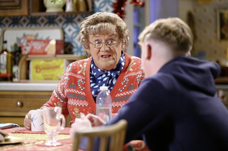 Mrs Brown&#39;s Boys returns with Christmas and New Year specials. Pictured are Mrs Brown (Brendan O&#39;Carroll) and Bono (Eric O&#39;Carroll). Picture by PA Photo/BBC/Alan Peebles 