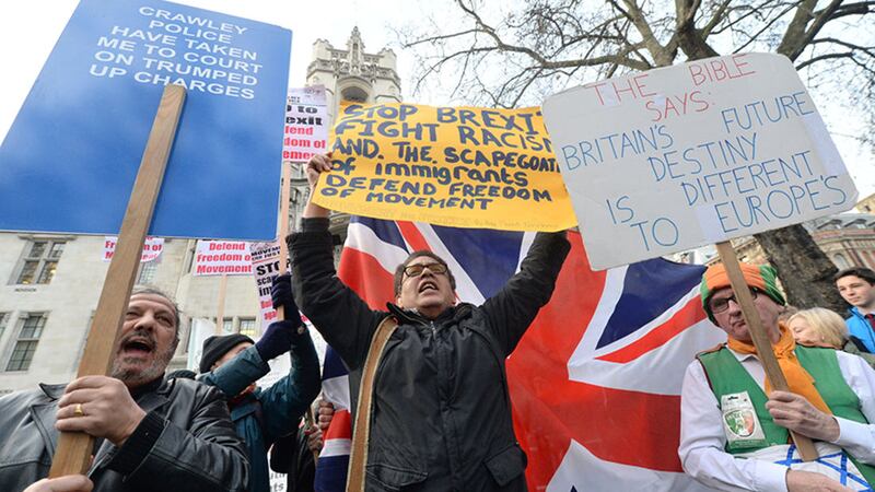 Protesters outside the Supreme Court in London, where the Government is appealing against a ruling that the Prime Minister must seek MPs' approval to trigger the process of taking Britain out of the European Union&nbsp;