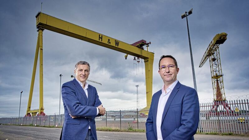 Pictured in Titanic Quarter in Belfast are Brian Cummings, investment director at Clarendon Fund Managers, and Alan Foreman, chief executive of portfolio company B-Secur. Picture: Brian Morrison 
