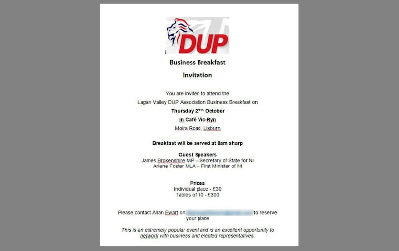 An invite to the DUP&#39;s October 27 fundraising breakfast 