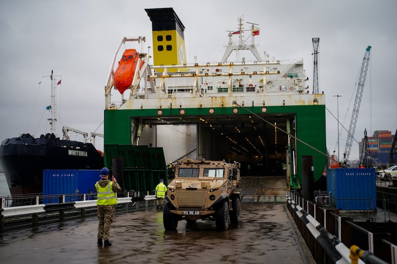 MV Anvil Point as vehicles and equipment are loaded onboard at the Sea Mounting Centre in Marchwood near Southampton