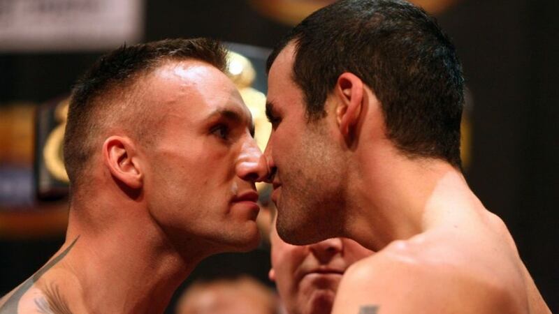 Denmark's Mikkel Kessler (left) looks into Joe Calzaghe's eyes as they go head to head during the weigh-In at St David's Hall, Cardiff on Friday November 2 2007. <br />&nbsp;