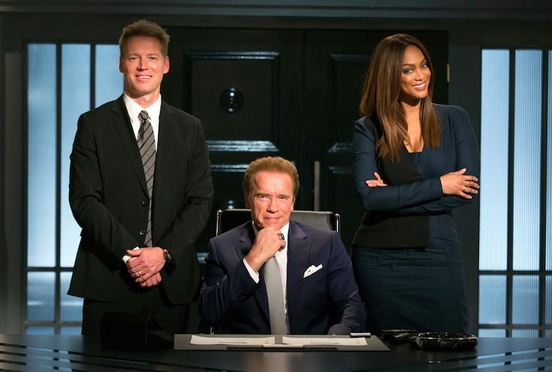 From left, Patrick Knapp Schwarzenegger, Arnold Schwarzenegger and Tyra Banks from &quot;The New Celebrity Apprentice,&quot; in Los Angeles. Picture by Luis Trinh, NBC/Associated Press&nbsp;