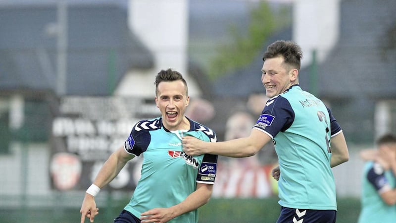 Derry City&#39;s Aaron McEneff celebrates his decisive penalty against Bohemians with Conor McDermott Picture by Margaret McLaughlin 