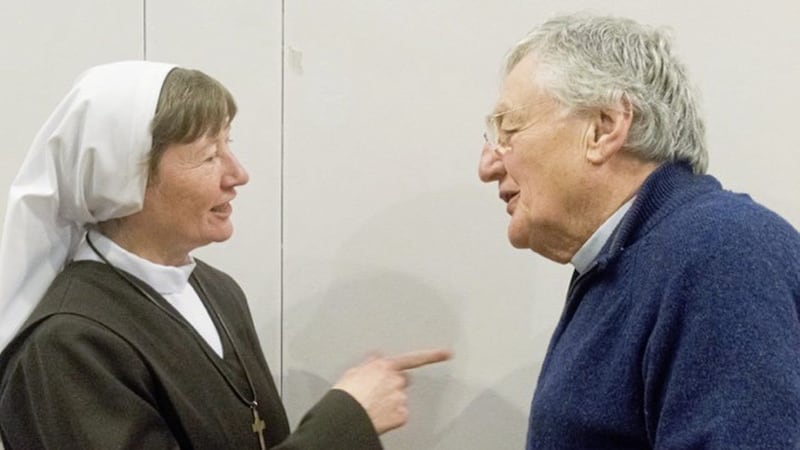 Sister Martina from the Adoration Sisters on the Falls Road and the Rev Harold Good at a 4 Corners Festival event earlier this year. Rev Good will be reflecting on his experiences in peace processes and decommissioning at a F&eacute;ile an Phobal event on August 8. 
