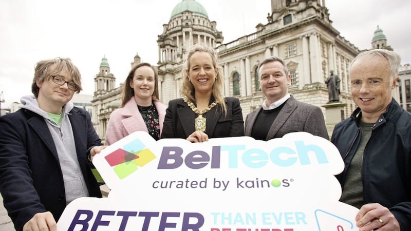 Launching this year&#39;s BelTech are (from left) Mark Brown, vice president of technology products at Unosquare; Catherine Paul, lead software engineer at Kainos; Belfast lord mayor Kate Nicholl; Tony Marron, managing director of Liberty IT; and Kevin Higgins, technical lead at Allstate NI 
