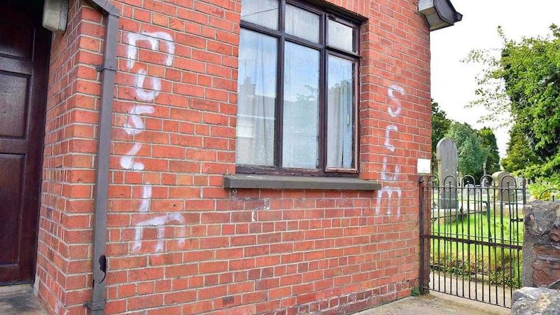 A house on Oaks Road, Dungannon, Co Tyrone, has been spray painted with &#39;Muslim Scum&#39; racist graffiti. Photo by Mark Winter / Pacemaker Press. 