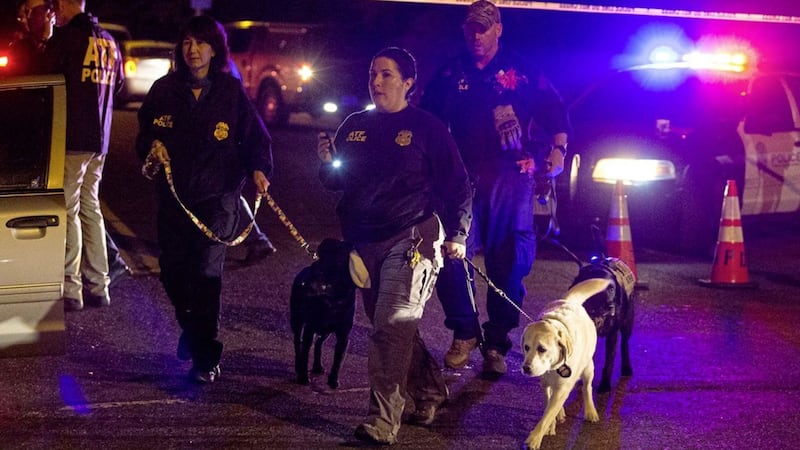 Police dogs and their handlers deploy at the scene of an explosion in southwest Austin, Texas PICTURE: Nick Wagner/Austin American-Statesman via AP) 