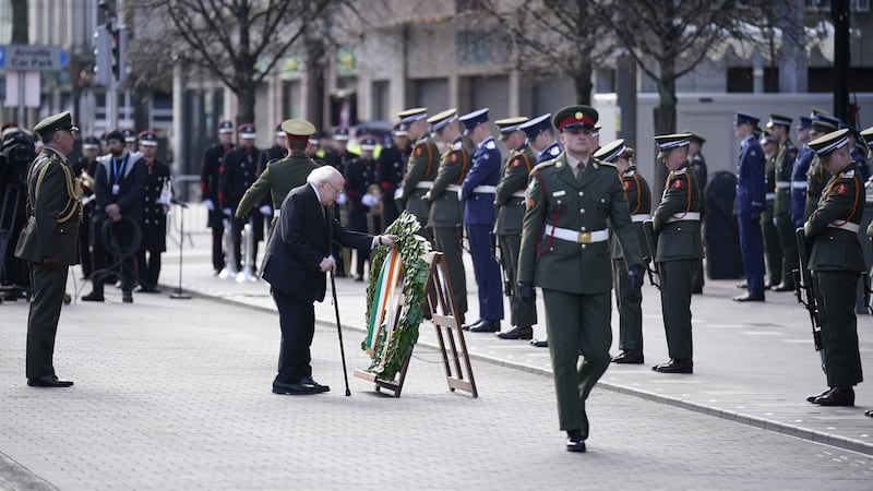 President Michael D Higgins lays a wreath during a ceremony at the GPO on O’Connell Street in Dublin to mark the anniversary of the 1916 Easter Rising