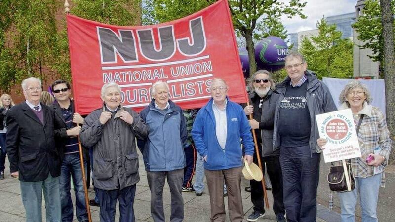 Louis McConnell holding his trademark hat on the picket line with colleagues in the National Union of Journalists 