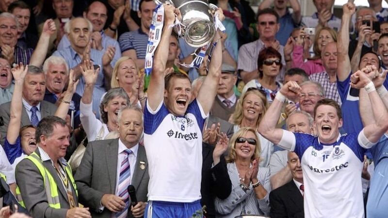 Owen Lennon lifts the Anglo-Celt Cup with Conor McManus alongside him in 2013.<br />Picture Colm O'Reilly.