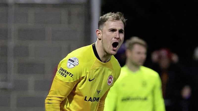 Larne&#39;s Rohan Ferguson celebrates saving the penalty of Linfield&#39;s Max Haygarth  during the  Samuel Gelston&#39;s Whiskey Irish Cup sixth round game at Inver Park on Saturday  Picture: David Maginnis/Pacemaker Press 