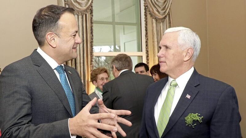 Taoiseach Leo Varadkar and US Vice President Mike Pence during the St Patrick&#39;s Day Breakfast at the Naval Observatory, Washington. Picture by Marty Katz/Government Press Office/Press Association 