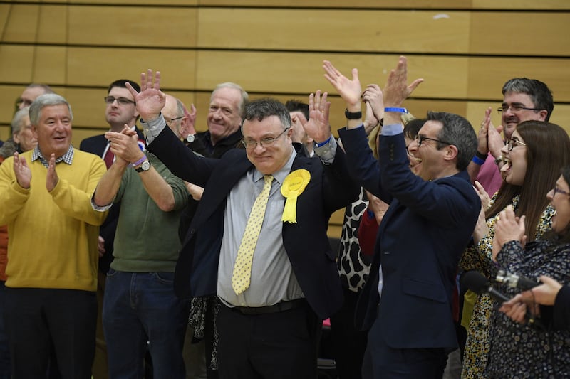 Stephen Farry of the Alliance Party celebrates with supporters after he won the North Down constituency in the UK General Election at the Aurora Aquatic and Leisure Complex, Bangor, Co Down. Picture by Michael Cooper/PA Wire&nbsp;