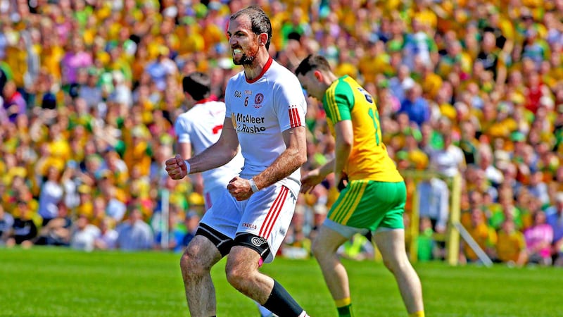 Tyrone's Justin McMahon during last Sunday's Ulster SFC final in Clones<br />Picture by Seamus Loughran &nbsp;