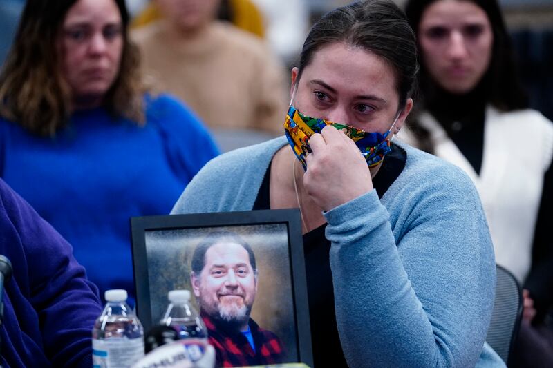 Rachael Sloat, fiancee of victim Peyton Brewer Ross, ahead of the hearing of the independent commission investigating the police response to the mass shooting in Lewiston, Maine (Robert F Bukaty/AP)