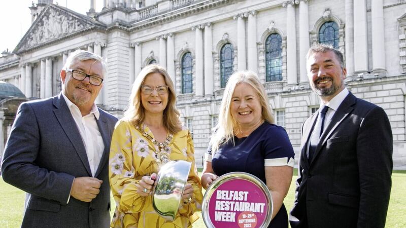 Belfast Mayor Christina Black launches Belfast Restaurant Week with Damien Corr, from the Cathedral Quarter, Kathleen McBride, from Belfast One, and Chris McCracken from Linen Quarter 