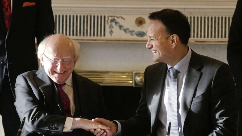 Taoiseach Leo Varadkar with President Michael D Higgins following the his request to dissolve the 32nd D&aacute;il at &Aacute;ras an Uachtar&aacute;in, Dublin. Picture by Damien Eagers/PA 