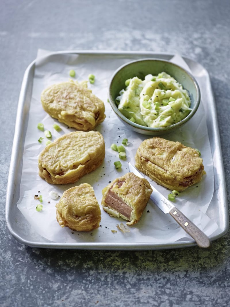 Phil Vickery's spam fritters with spring onion mash