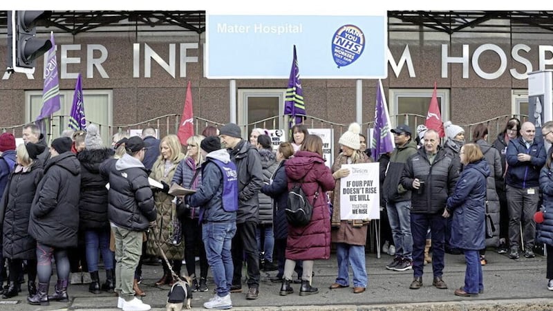 Healthcare staff pictured at a picket line during a strike at Belfast&#39;s Mater Hospital in January 