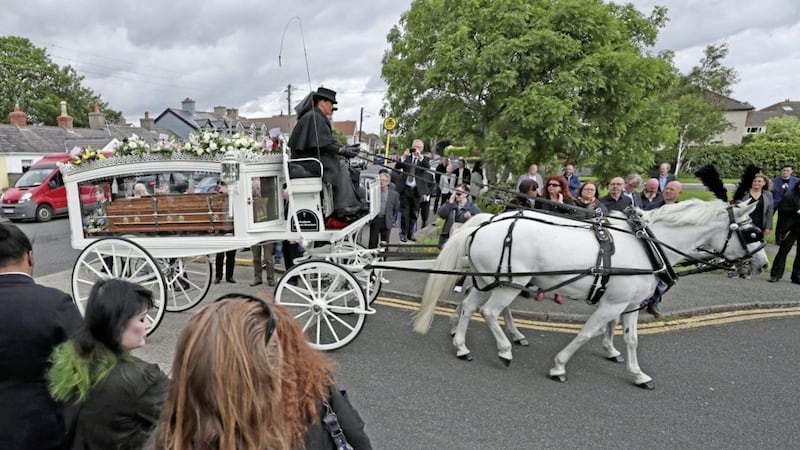 The coffin of Philomena Lynott, mother of Thin Lizzy front man Phil Lynott. arrives at St Finians Church in Dublin. Picture by Niall Carson, Press Association 