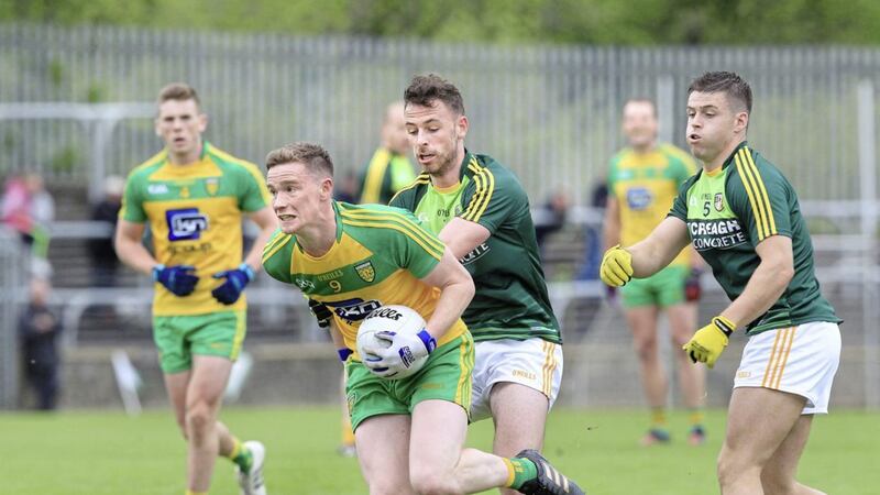 Antrim&#39;s Matthew Fitzpatrick challenges Donegal&#39;s Ciaran Thompson during the Ulster Senior Football Championship quarter-final clash in Ballybofey in May Picture by Margaret McLaughlin 