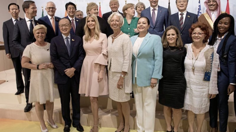 Britain&#39;s prime minister Theresa May, German Chancellor Angela Merkel and US president Donald Trump, all centre, at rear, at the launch of the World Bank&#39;s Women&#39;s Entrepreneurship Facility Initiative on the margins of the G20 summit in Hamburg on Saturday. Picture by Stefan Rousseau, Press Association 