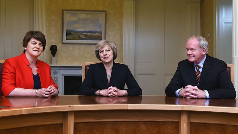 Prime Minister Theresa May (centre) with First Minister Arlene Foster (left) and Deputy First Minister Martin McGuinness at Stormont Castle in Belfast in July this year, as she said that the UK's departure from the European Union (EU) must work for Northern Ireland. Picture date: Monday July 25, 2016&nbsp;