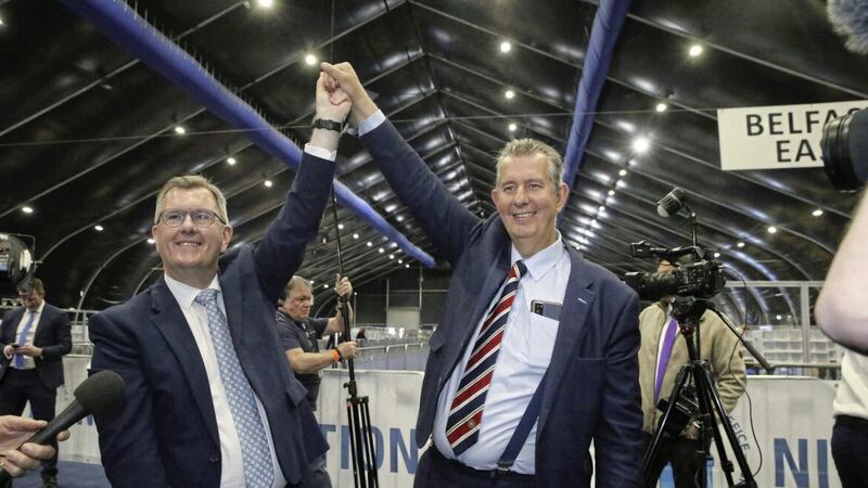 The DUP&#39;s Edwin Poots and Jeffrey Donaldson at the Northern Ireland Assembly election count in May. Picture: Hugh Russell 