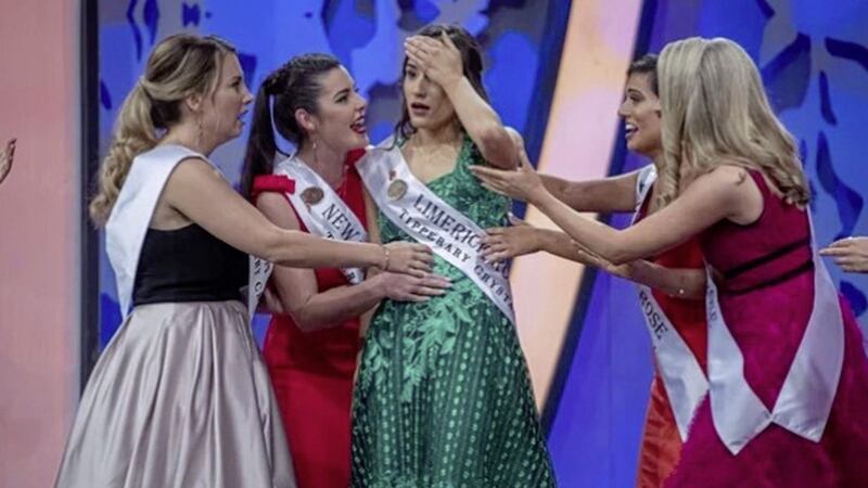 Limerick Rose Sin&eacute;ad Flanagan, pictured in the green dress, was crowned the 2019 International Rose of Tralee. Picture by RTE 