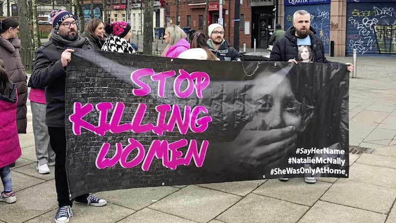 Members of Natalie McNally&#39;s family attending the International Women&#39;s Day march in Belfast on Saturday. 