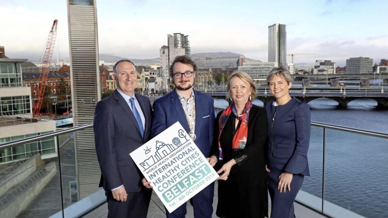 Pictured officially welcoming Belfast Healthy Cities chief executive, Joan Devlin (second from right) are: Visit Belfast chief executive, Gerry Lennon; deputy Lord Mayor of Belfast, Emmet McDonough-Brown and Oonagh O&rsquo;Reilly, director of sales and marketing at Belfast Waterfront and Ulster Hall. 