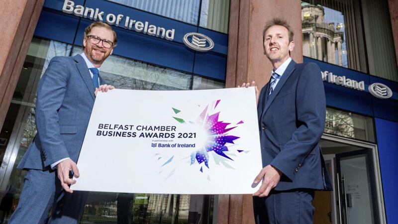 Announcing the Belfast Chamber Business Awards on October 22 are Chamber chief executive Simon Hamilton with Paul McClurg, head of Belfast business banking at Bank of Ireland UK 