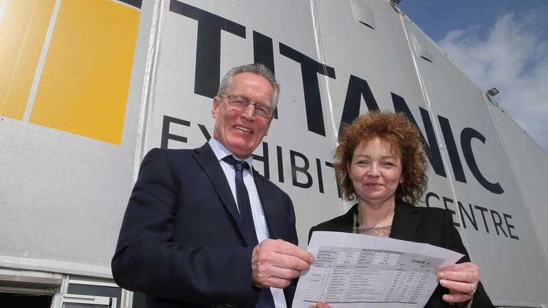 Caral Ni&shy; Chuilin and Gerry Kelly of Sinn Fein at the count in Titanic Belfast. Picture by Hugh Russell 